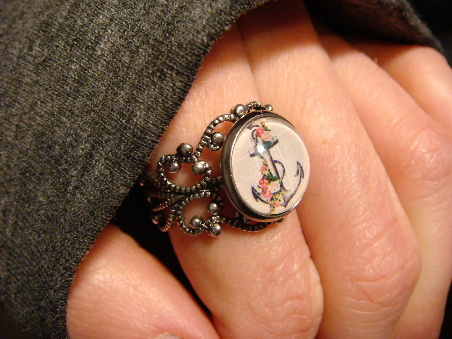 Floral Anchor Image Filigree Ring in Antique Silver - Adjustable