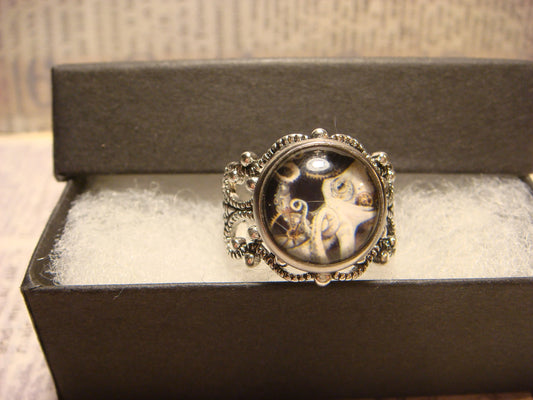 Steampunk Octopus Image Filigree Ring in Antique Silver - Adjustable