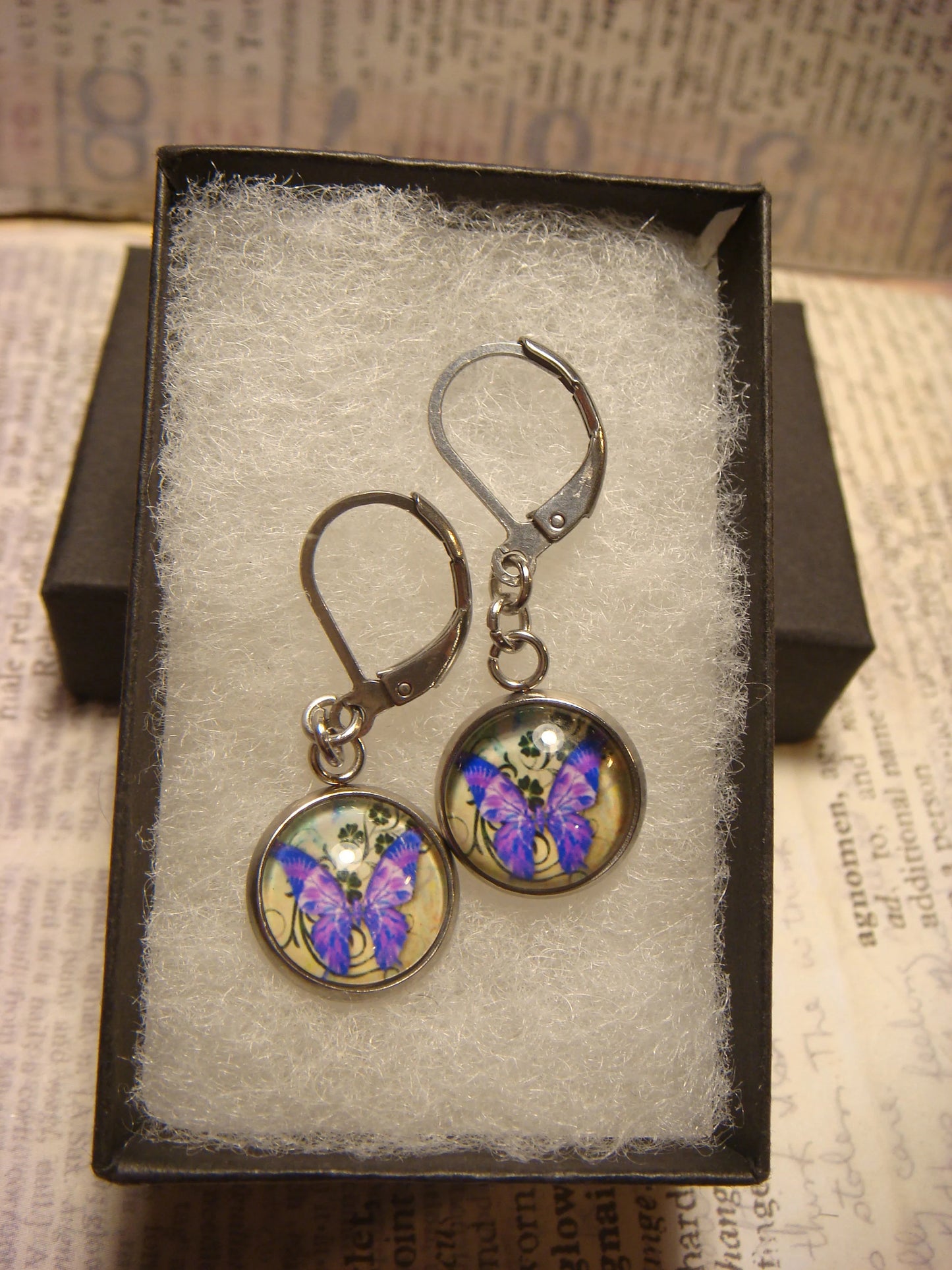 Purple Butterfly Image Stainless Steel Dangle Earrings