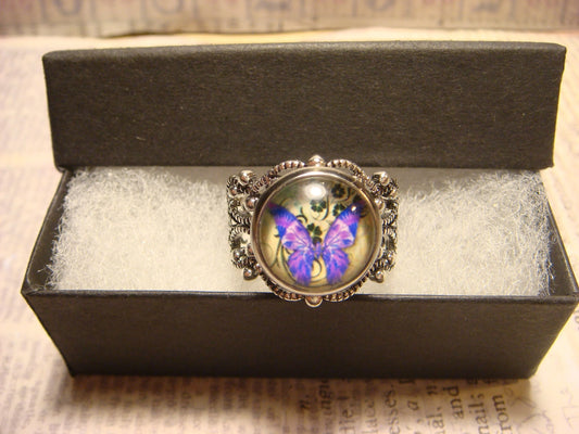Purple Butterfly Image Filigree Ring in Antique Silver - Adjustable