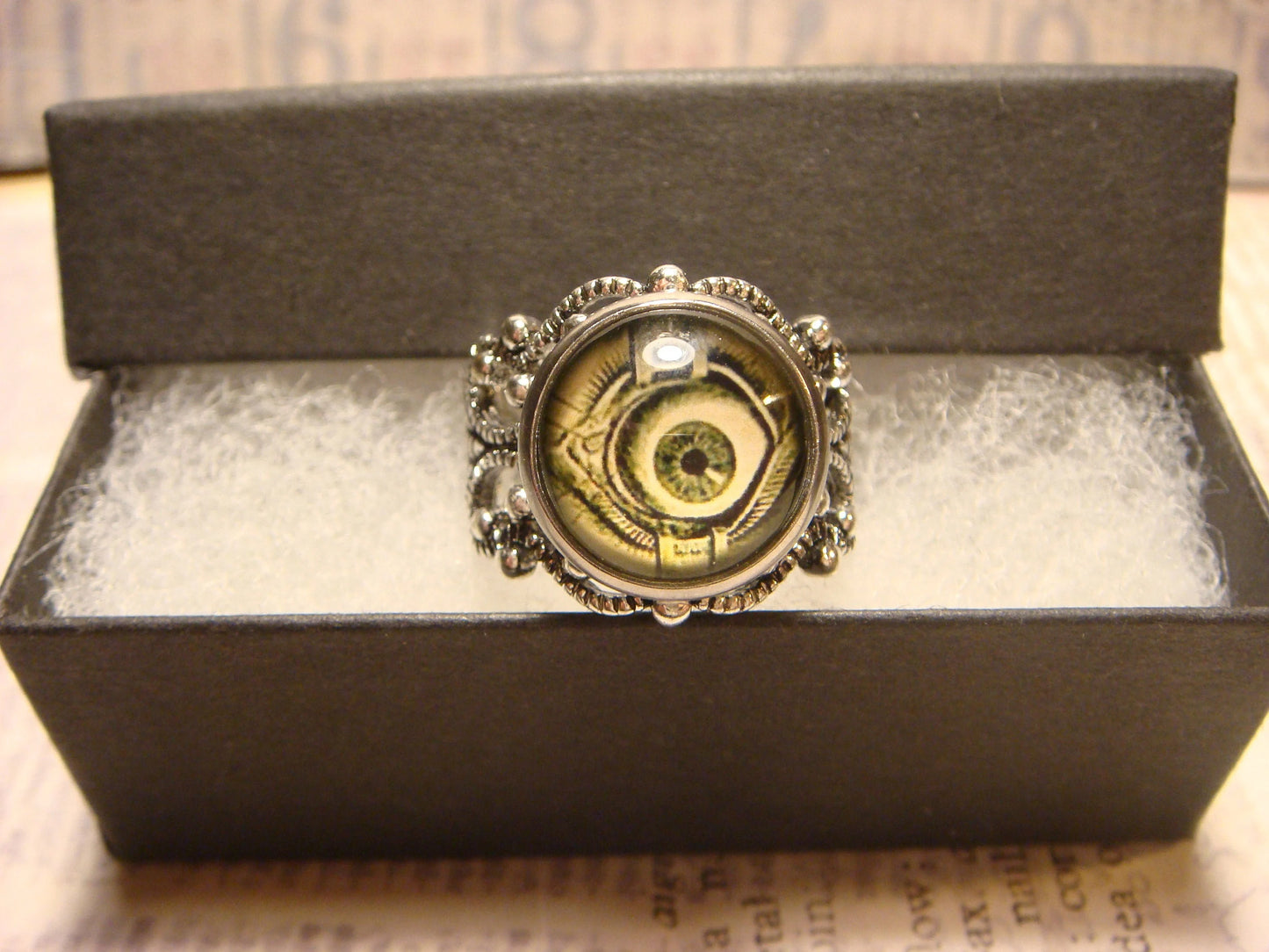 Eyeball Image Filigree Ring in Antique Silver - Adjustable