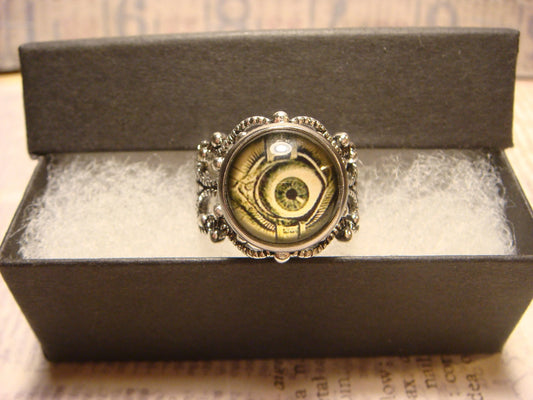 Eyeball Image Filigree Ring in Antique Silver - Adjustable
