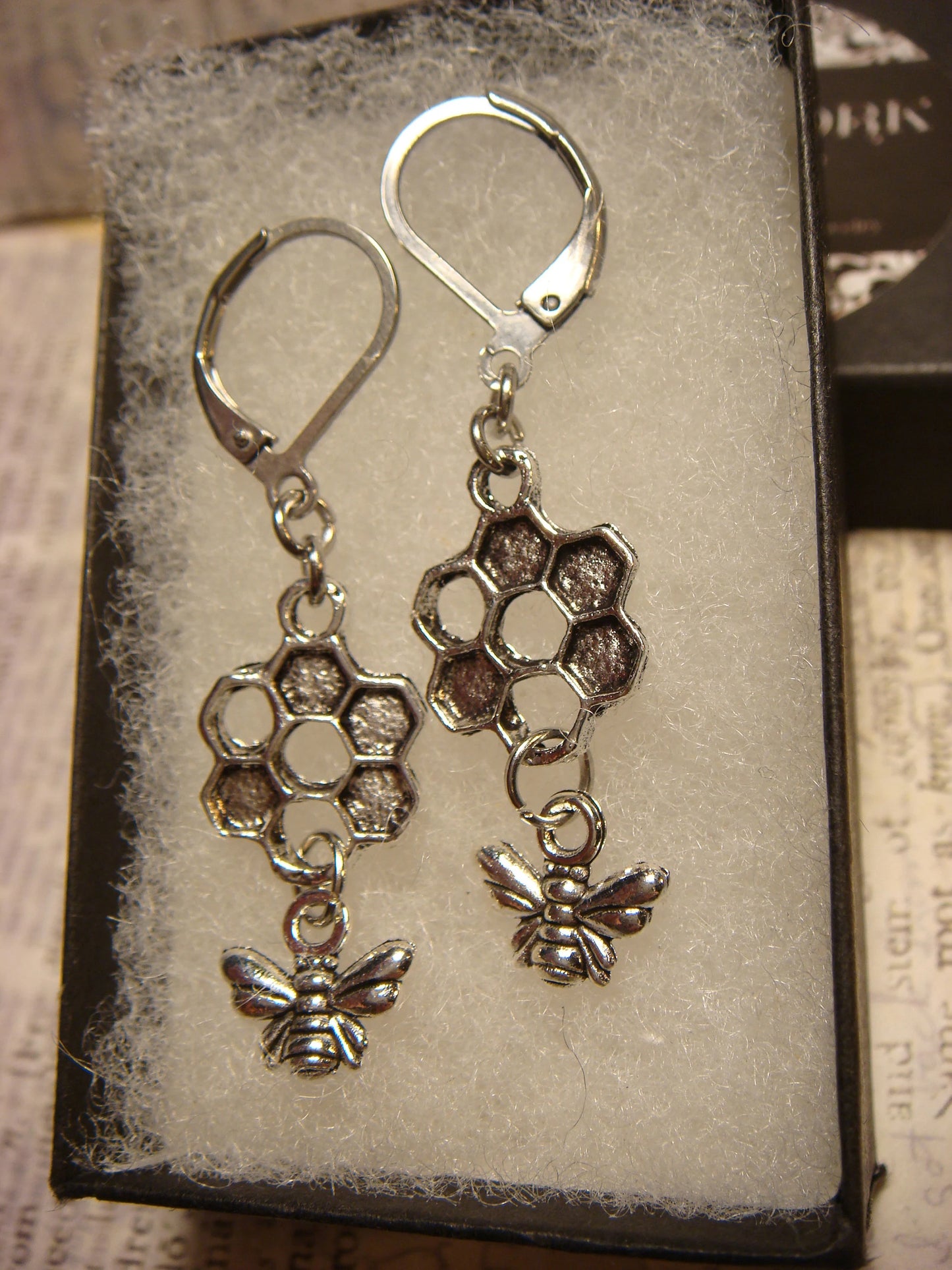 Honeycomb and Bee Dangle Earrings in Antique Silver
