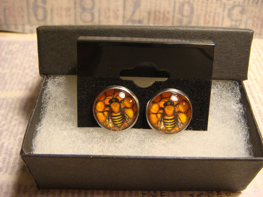 Honeycomb Bee Image Stainless Steel Stud Earrings