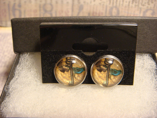 Bluebird Butterfly and Key Image Stainless Steel Stud Earrings