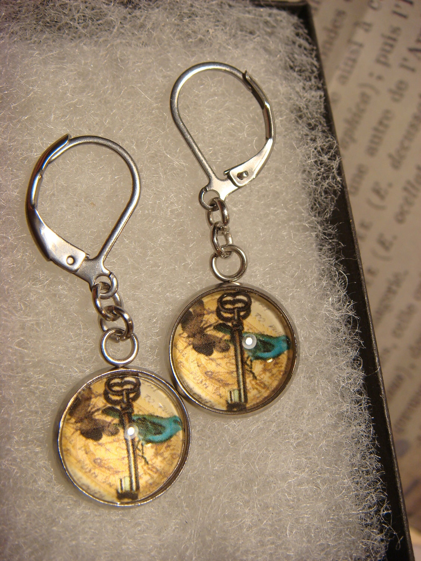 Bluebird Butterfly and Key Image Stainless Steel Dangle Earrings