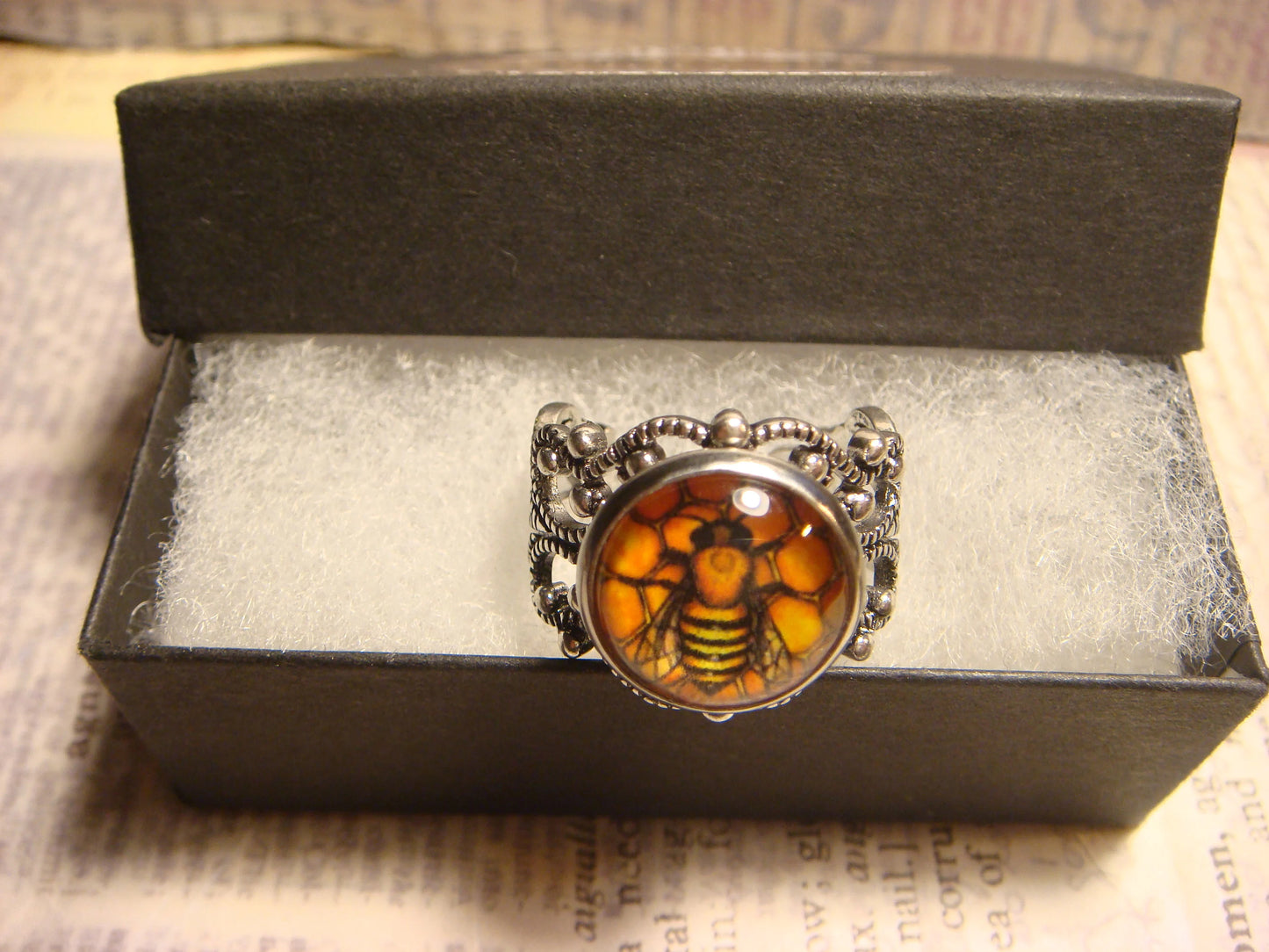 Honeycomb Bee Image Filigree Ring in Antique Silver - Adjustable