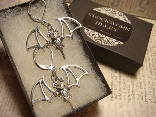 Bat Dangle Earrings in Antique Silver (large)