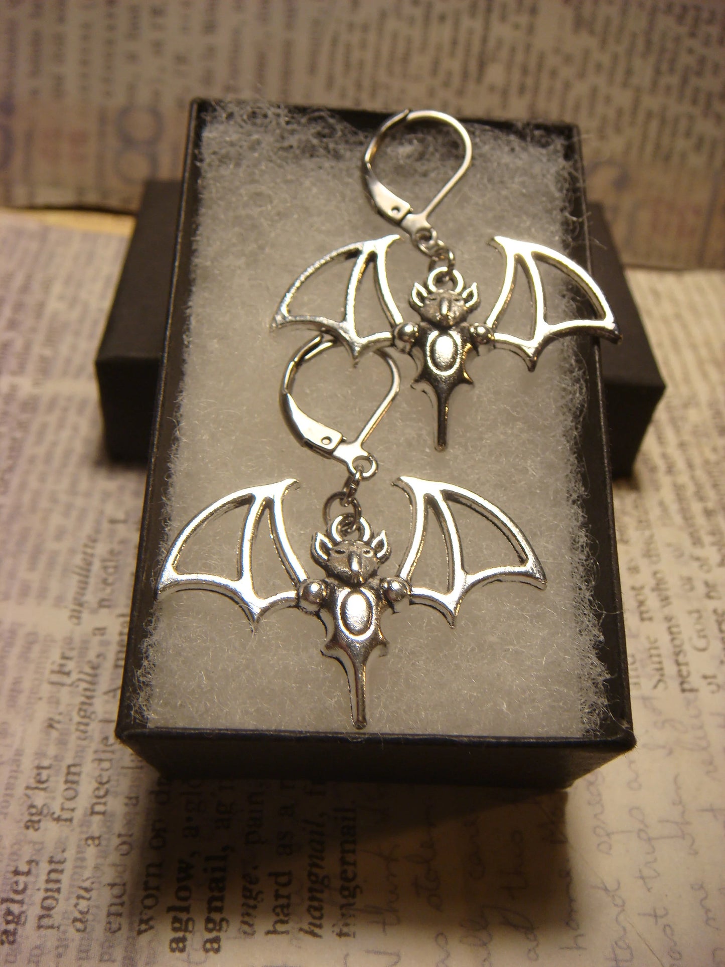 Bat Dangle Earrings in Antique Silver (large)