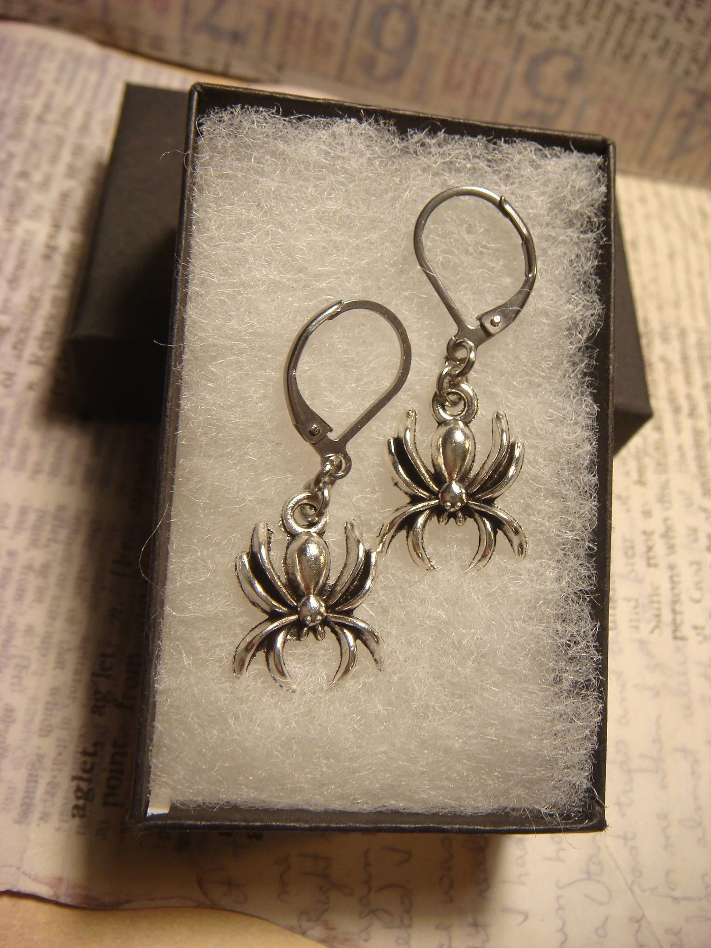 Spider Dangle Earrings in Antique Silver