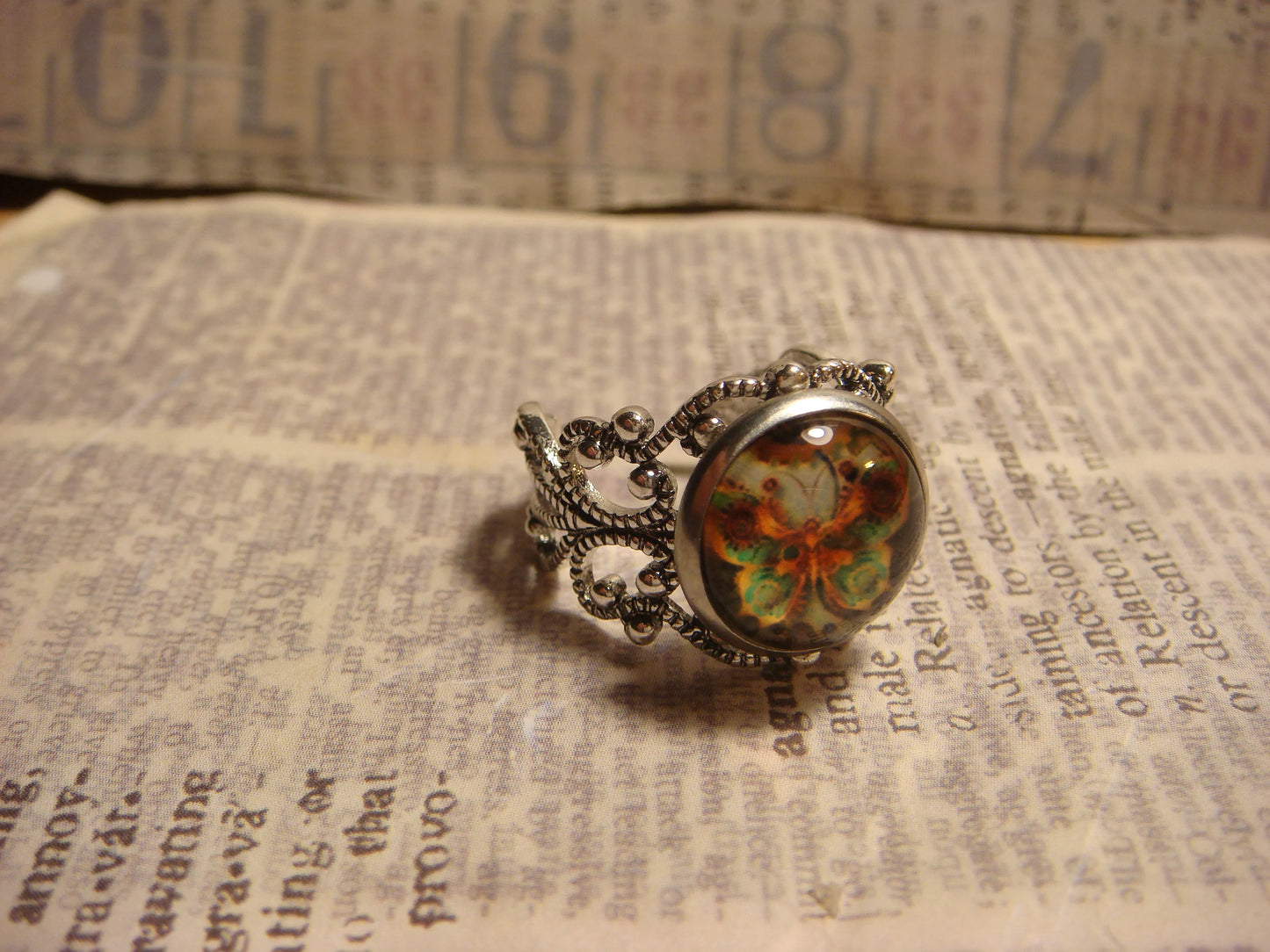 Butterfly Image Filigree Ring in Antique Silver - Adjustable
