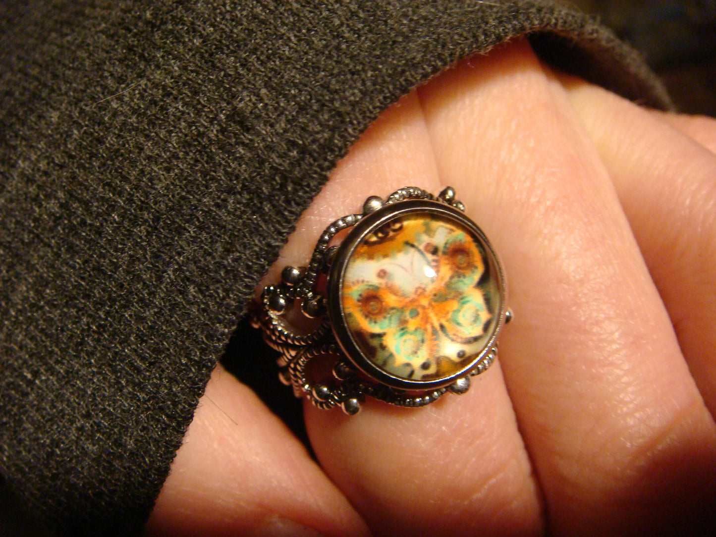 Butterfly Image Filigree Ring in Antique Silver - Adjustable