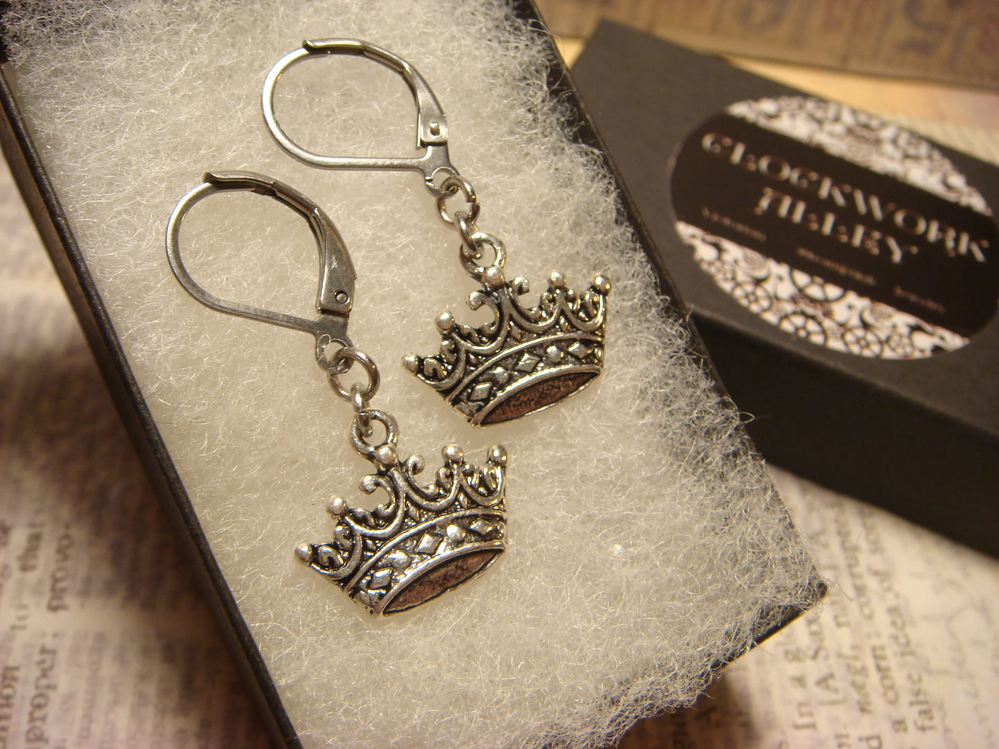Crown Dangle Earrings in Antique Silver