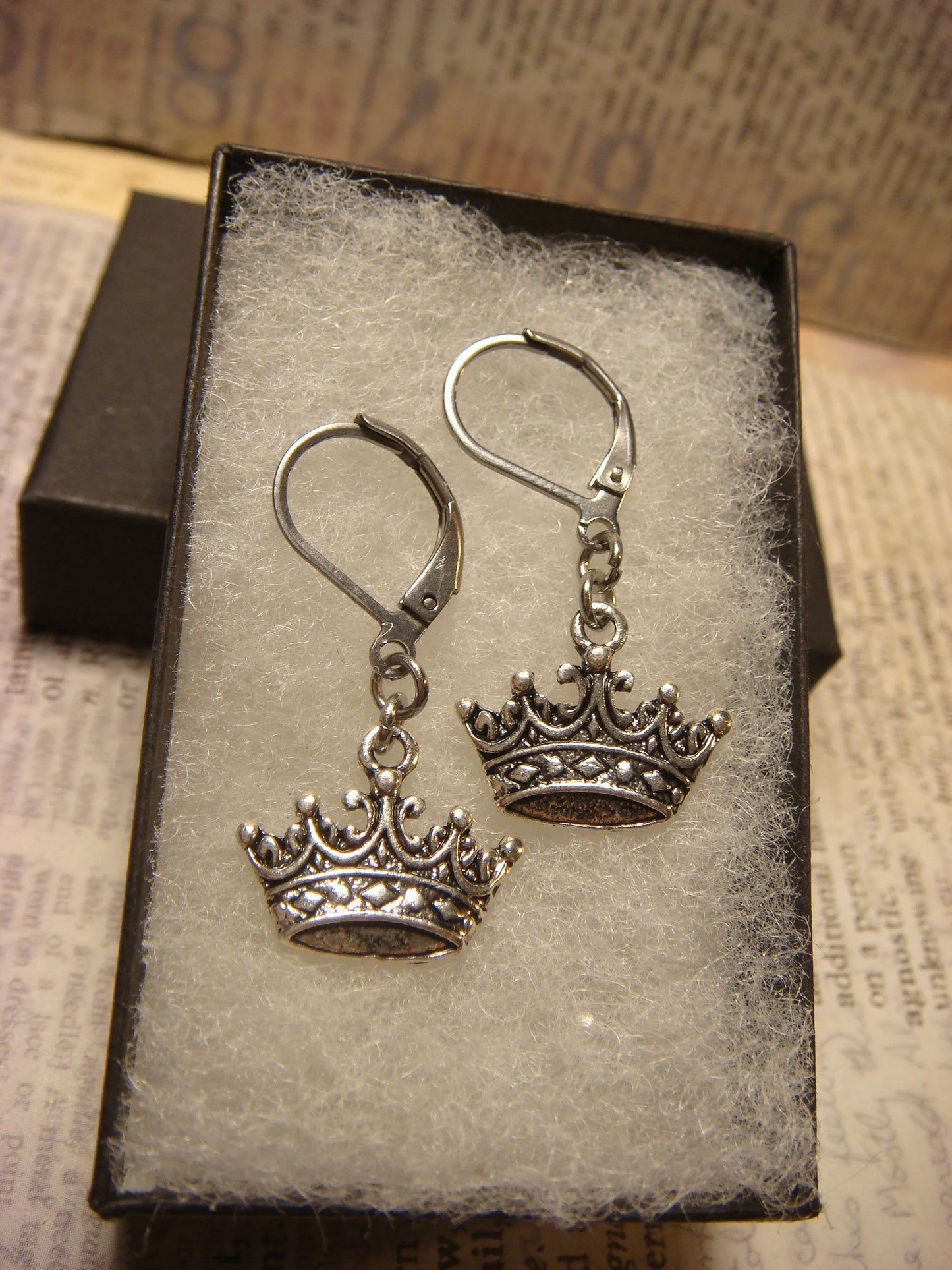 Crown Dangle Earrings in Antique Silver