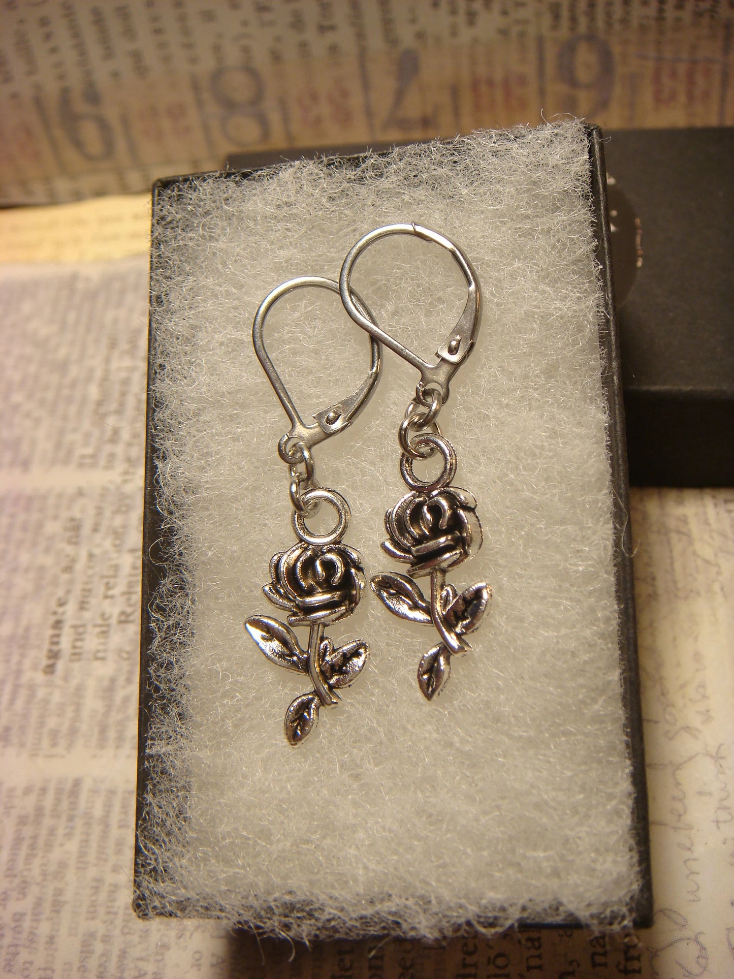 Rose Dangle Earrings in Antique Silver