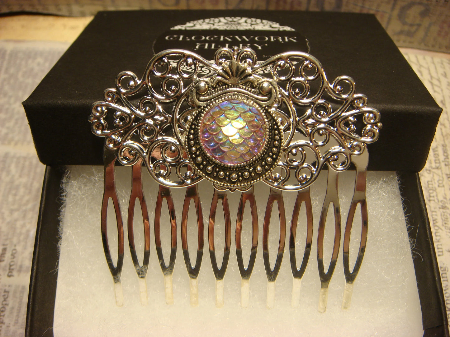 Iridescent Pink Scales Hair Comb in Silver