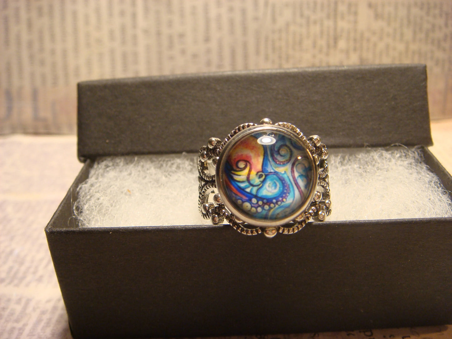 Octopus Swirl Image Filigree Ring in Antique Silver - Adjustable