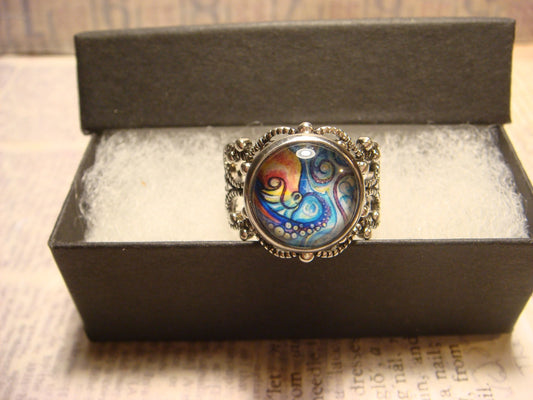 Octopus Swirl Image Filigree Ring in Antique Silver - Adjustable