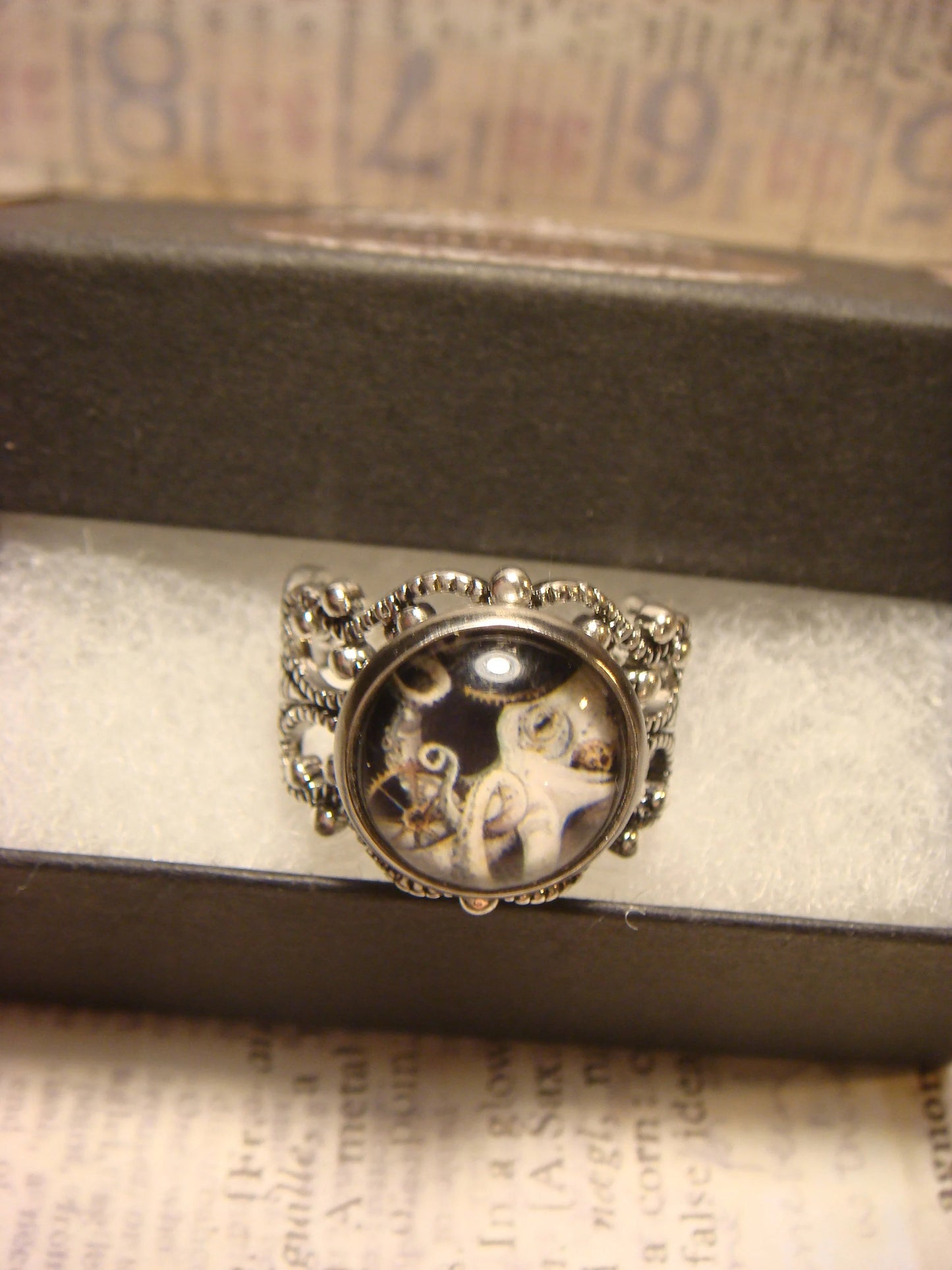 Steampunk Octopus Image Filigree Ring in Antique Silver - Adjustable