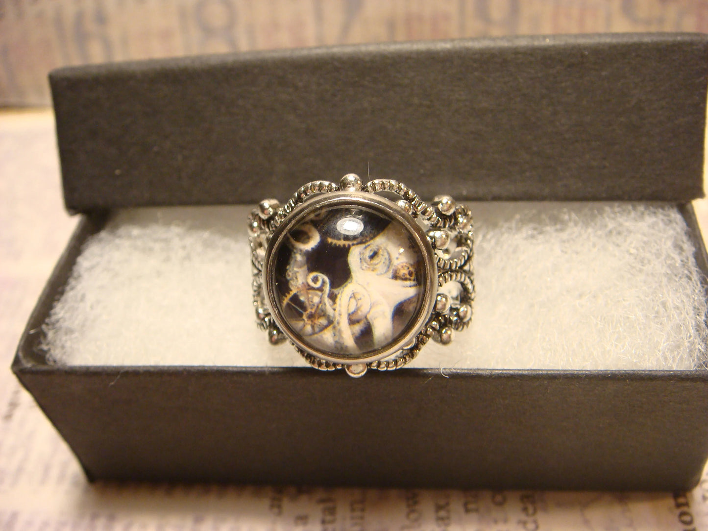 Steampunk Octopus Image Filigree Ring in Antique Silver - Adjustable