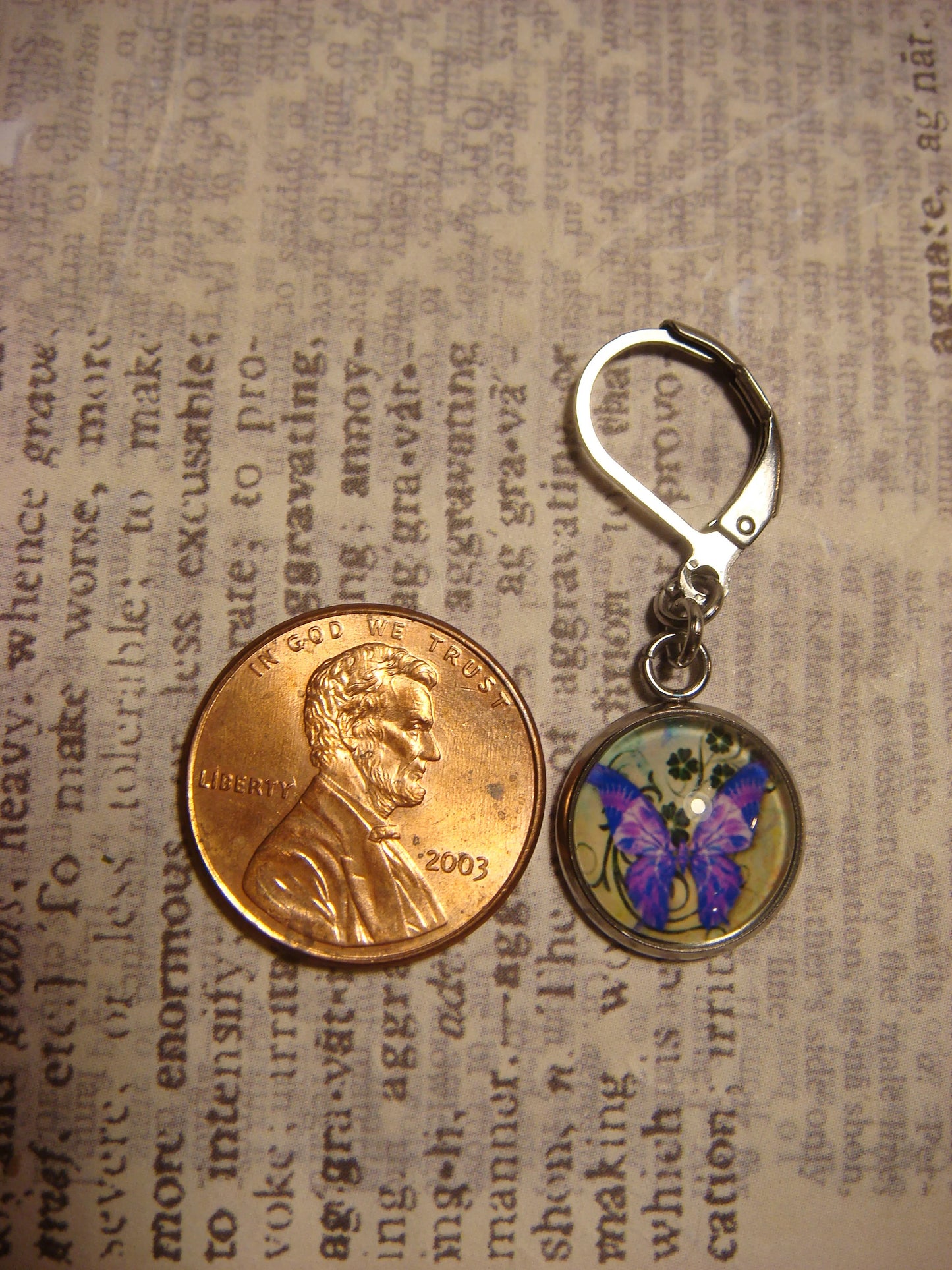 Purple Butterfly Image Stainless Steel Dangle Earrings