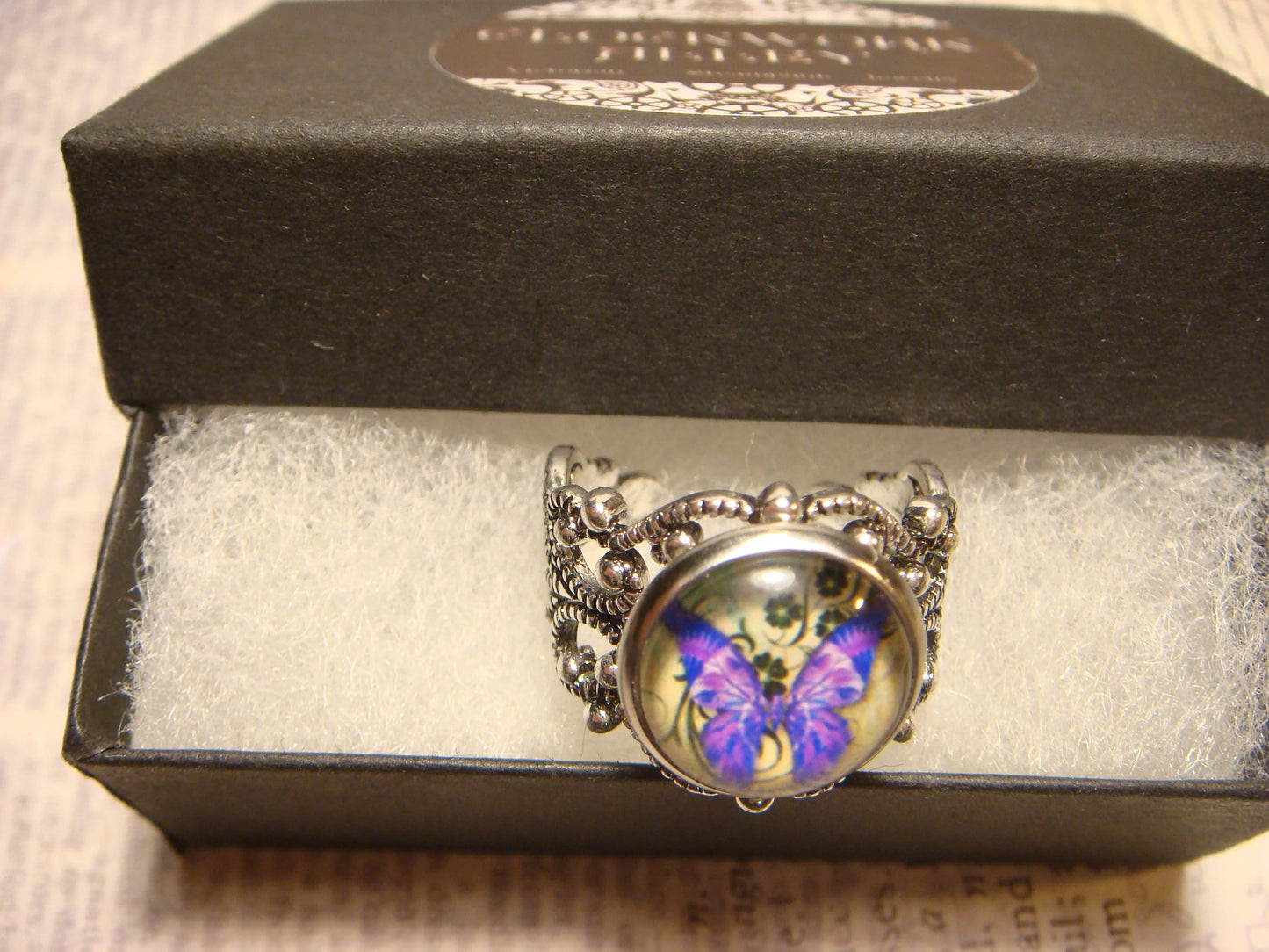 Purple Butterfly Image Filigree Ring in Antique Silver - Adjustable