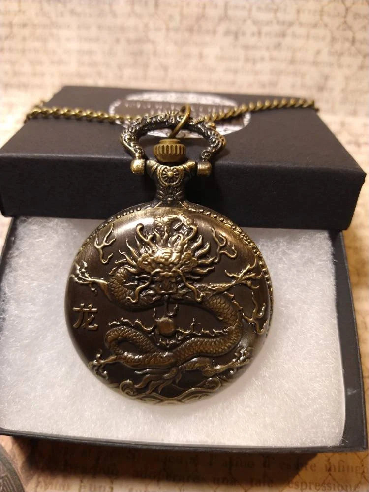 Working Chinese Dragon Pocket Watch Necklace in Antique Bronze