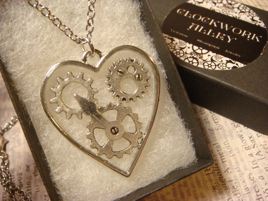Transparent Heart with Gears Necklace