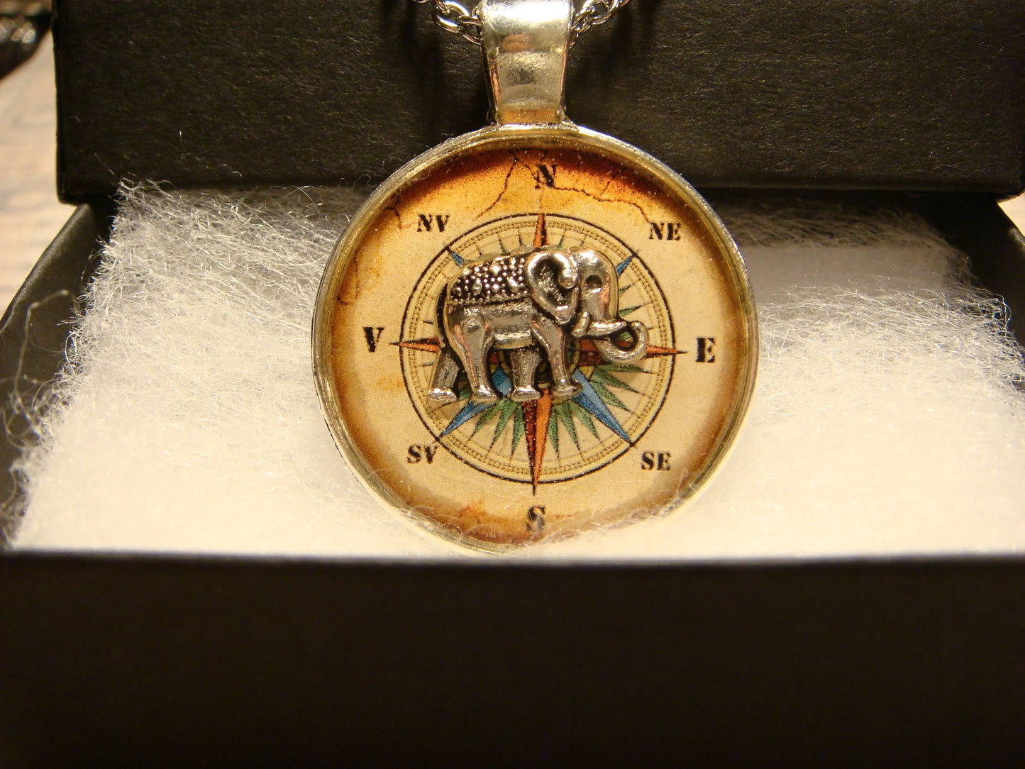 Elephant over Compass Rose Pendant Necklace