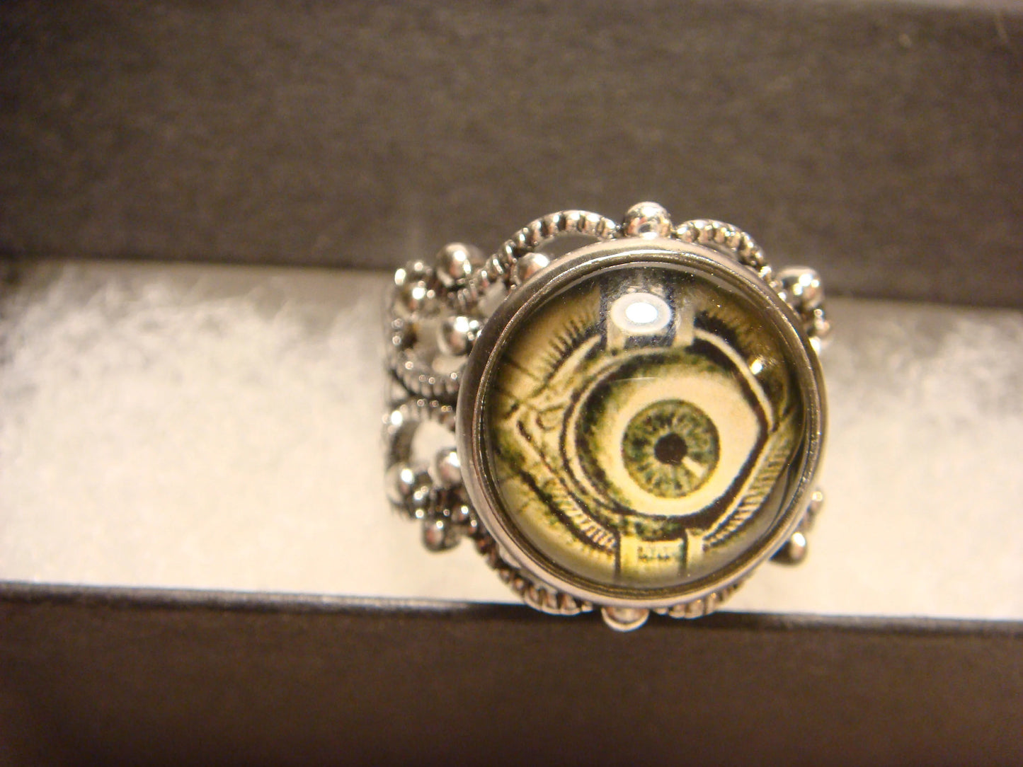 Eyeball Image Filigree Ring in Antique Silver - Adjustable