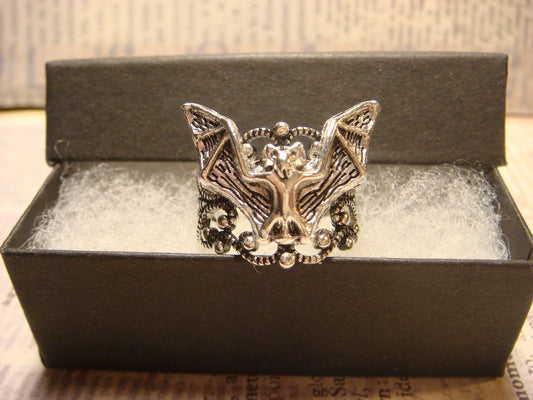 Bat Filigree Ring in Antique Silver - Adjustable