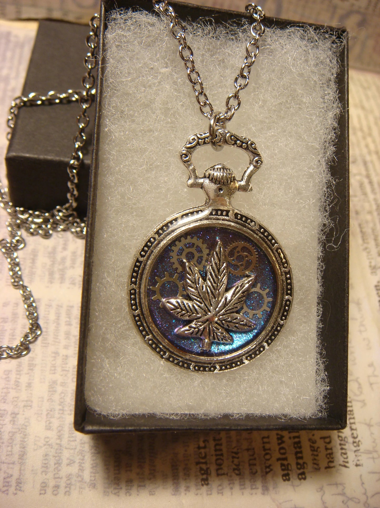 Cannabis Leaf and Gears Pocket Watch Pendant Necklace