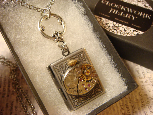 Steampunk Watch Movement Book Locket Necklace with Exposed Gears