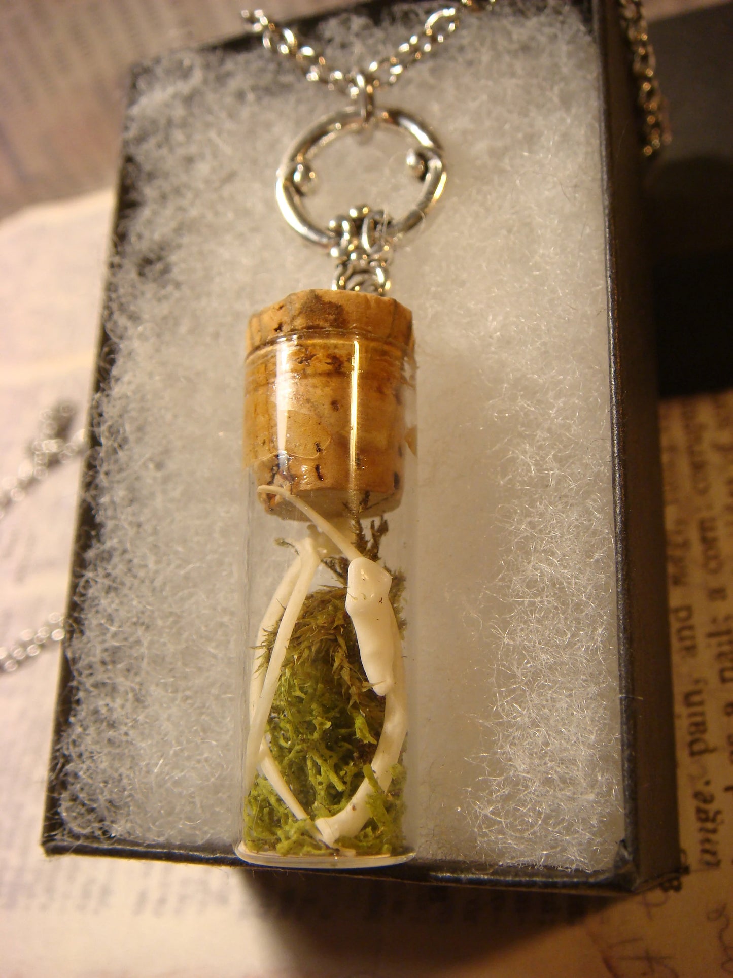Taxidermy Snake Bones with Moss Bottle Necklace