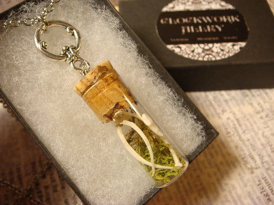 Taxidermy Snake Bones with Moss Bottle Necklace