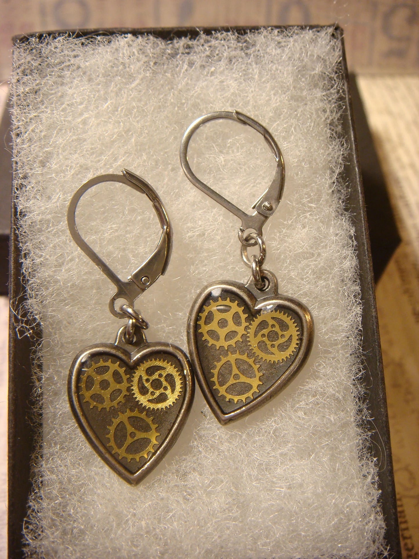 Heart Gears Dangle Earrings in Antique Bonze