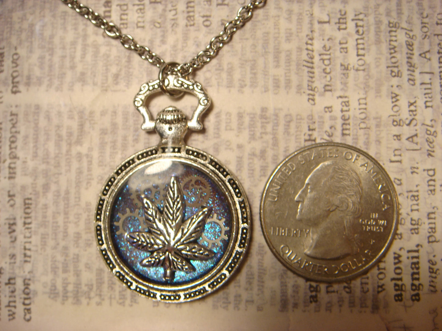 Cannabis Leaf and Gears Pocket Watch Pendant Necklace