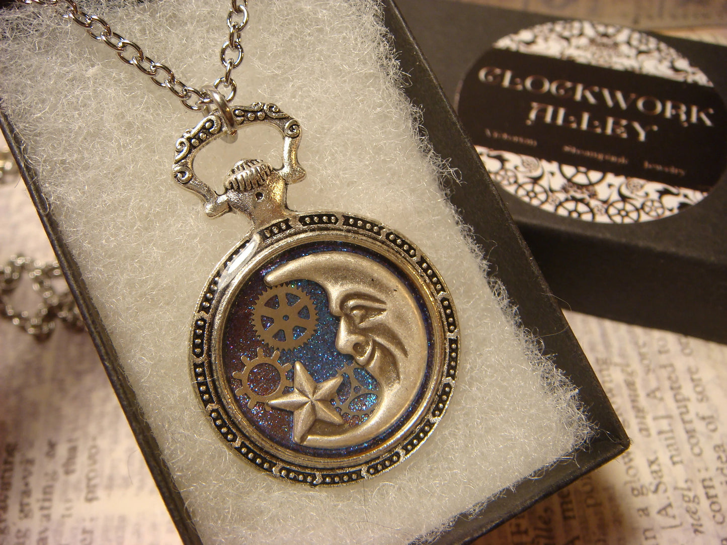 Moon Star and Gears Pocket Watch Pendant Necklace