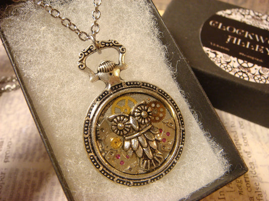 Clockwork Owl with Watch Parts Pocket Watch Pendant Necklace