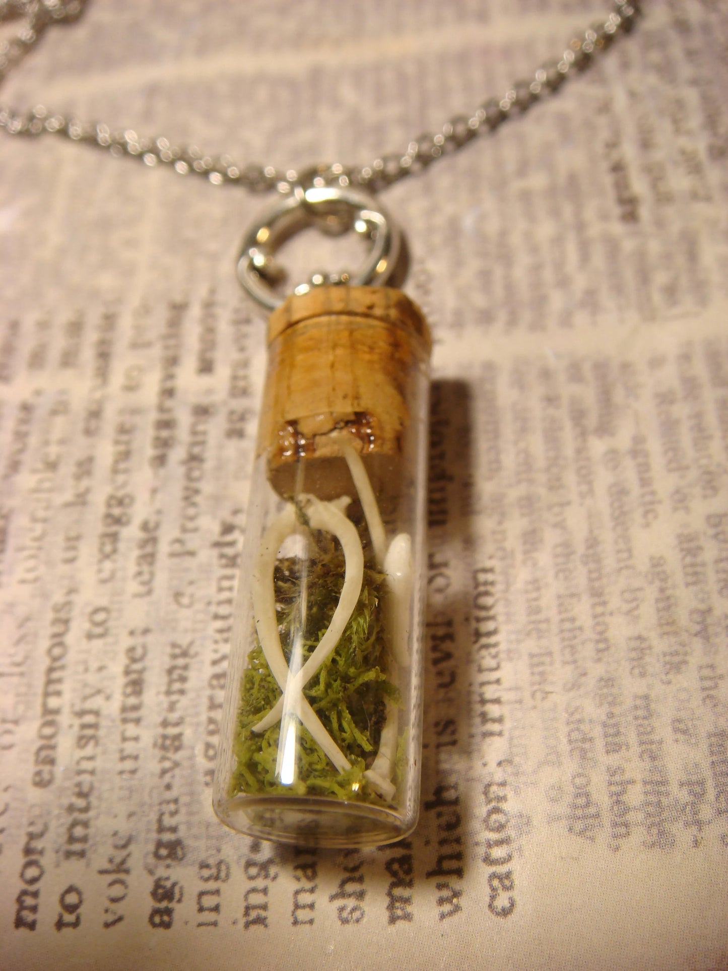 Taxidermy Snake Bones with Moss Bottle Necklace