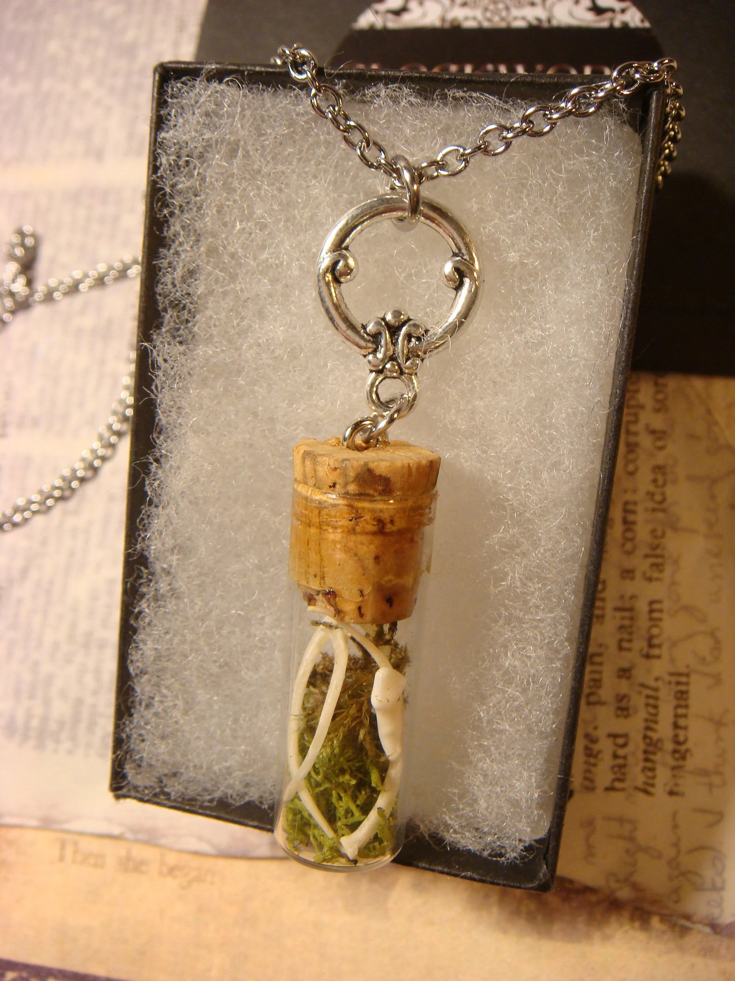 Taxidermy Snake Bones with Moss Bottle Necklace