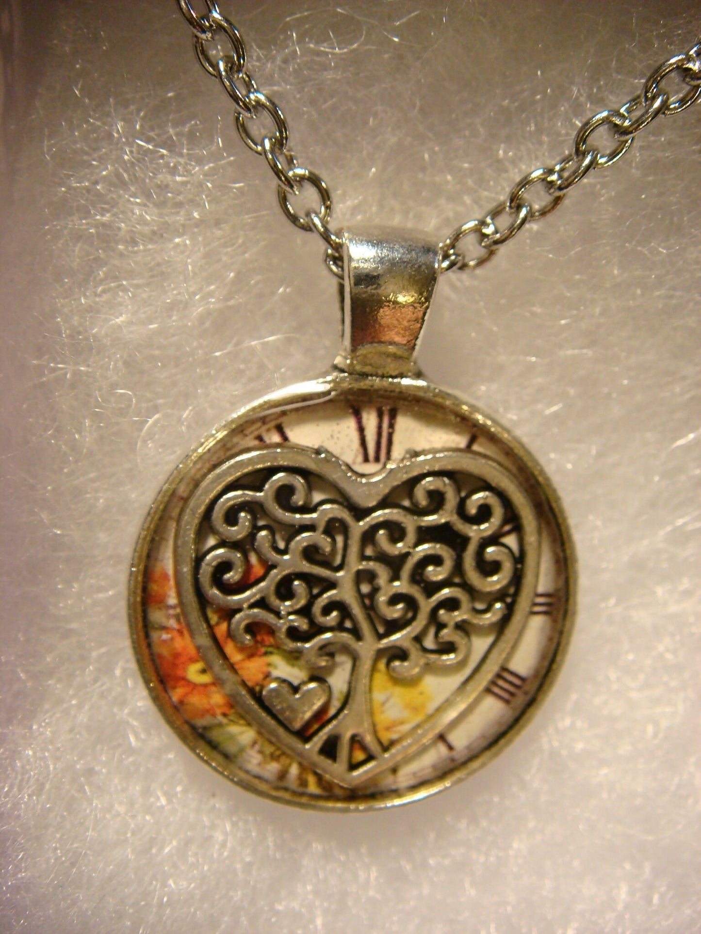 Tree Heart over Floral Clock Small Pendant Necklace