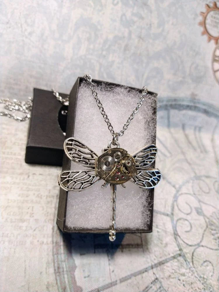 Steampunk Dragonfly Watch Movement Necklace with Exposed Gears