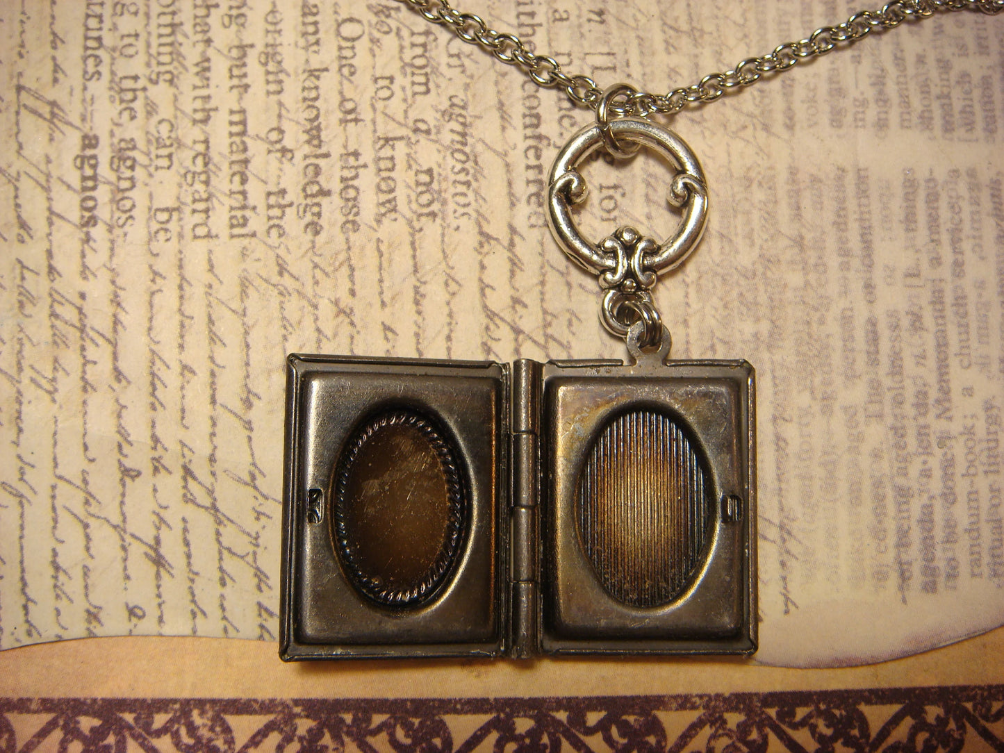 Cat on Moon Book Locket Necklace in Antique Silver