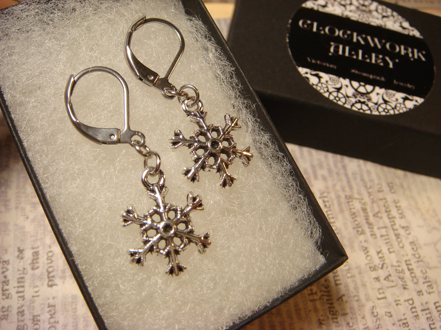 Snowflake Dangle Earrings in Antique Silver