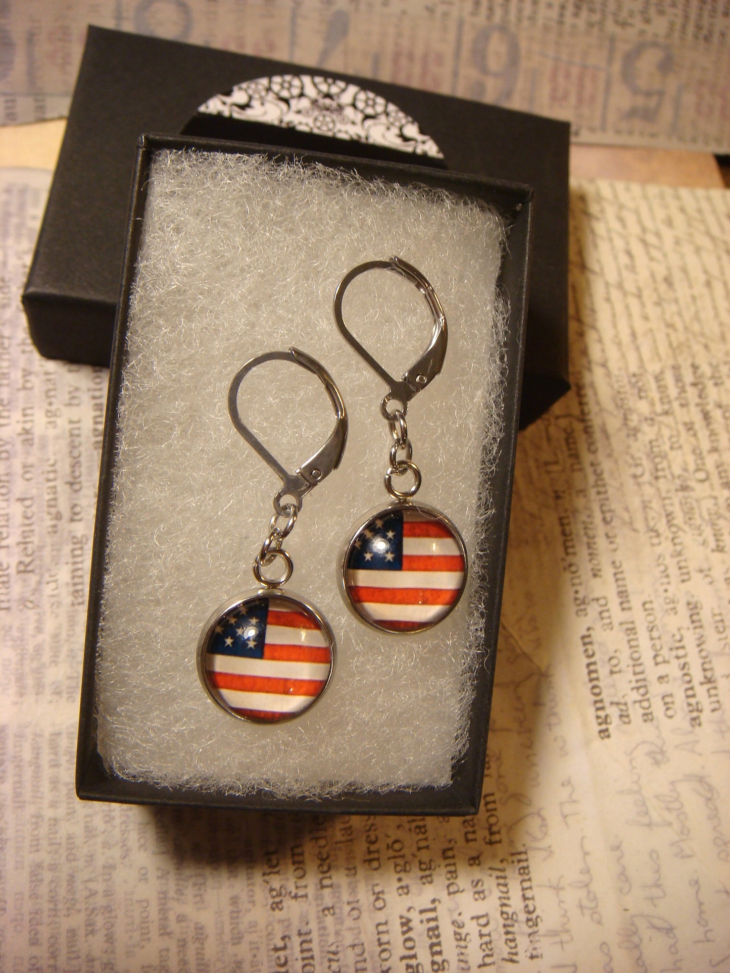 USA Flag Image Stainless Steel Dangle Earrings