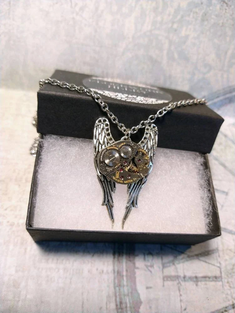Steampunk Wings Watch Movement Necklace with Exposed Gears