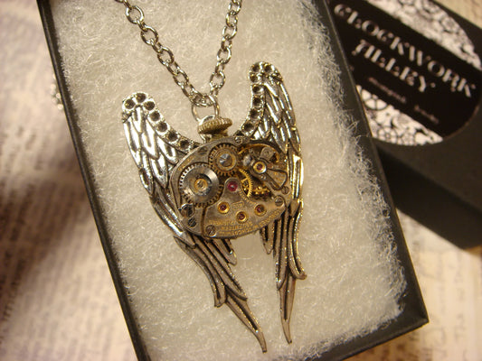Steampunk Wings Watch Movement Necklace with Exposed Gears