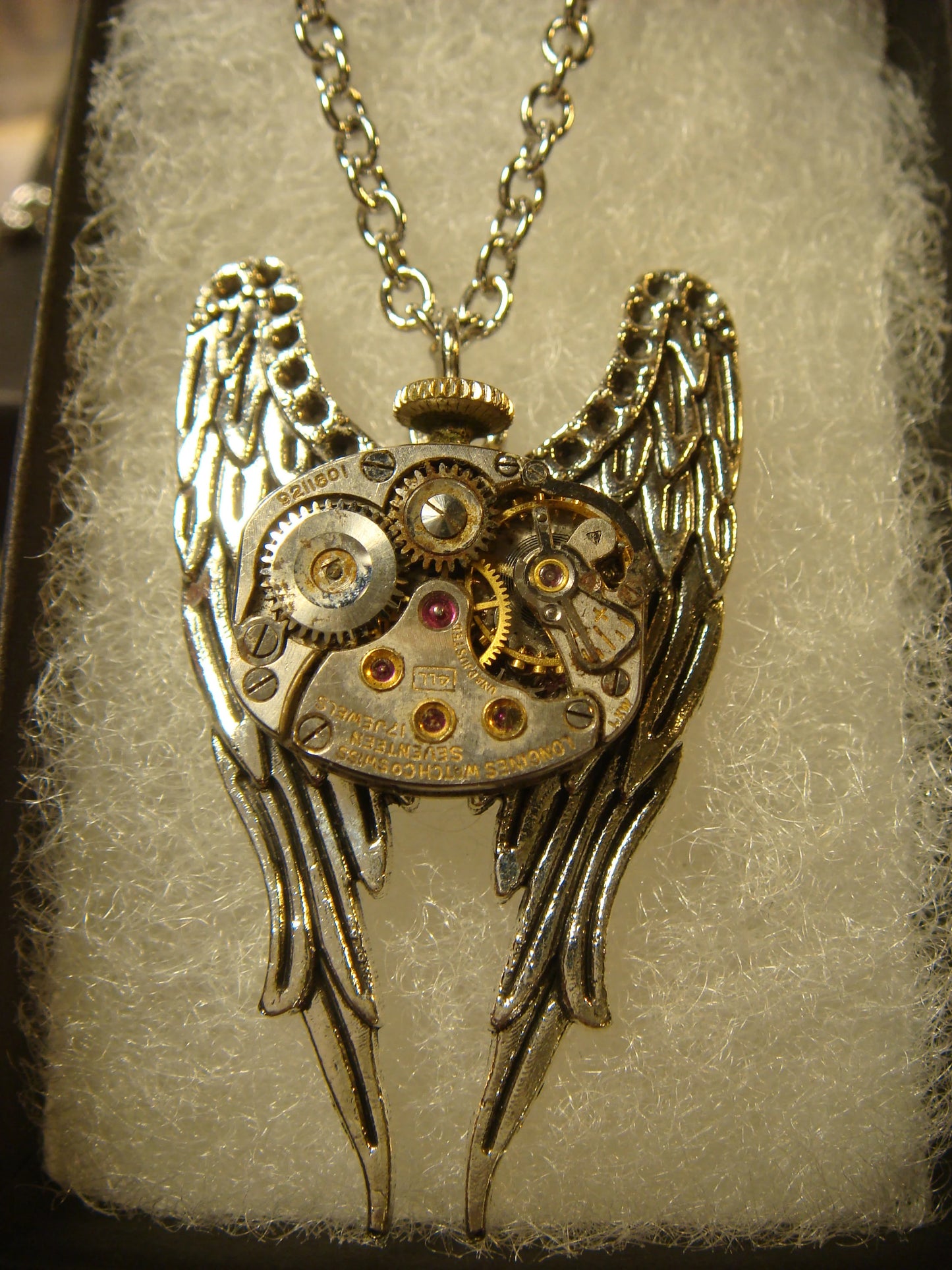 Steampunk Wings Watch Movement Necklace with Exposed Gears