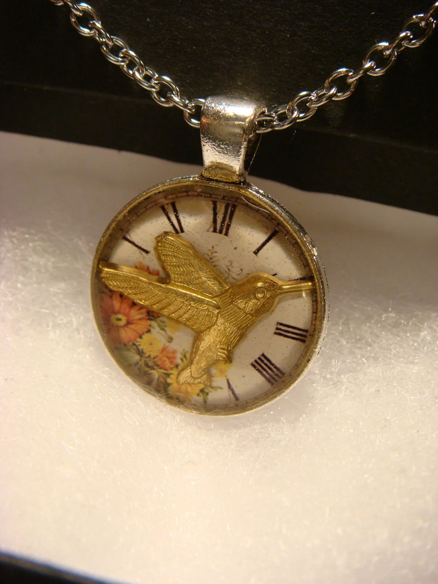 Hummingbird over Floral Clock Small Pendant Necklace